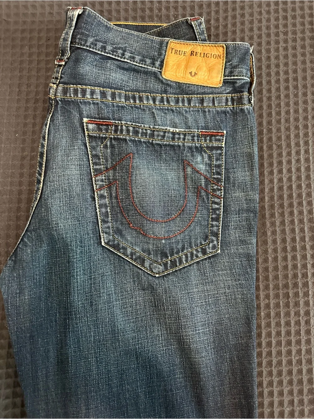 True Religion Men’s Blue Straight Jeans with Red Stitching